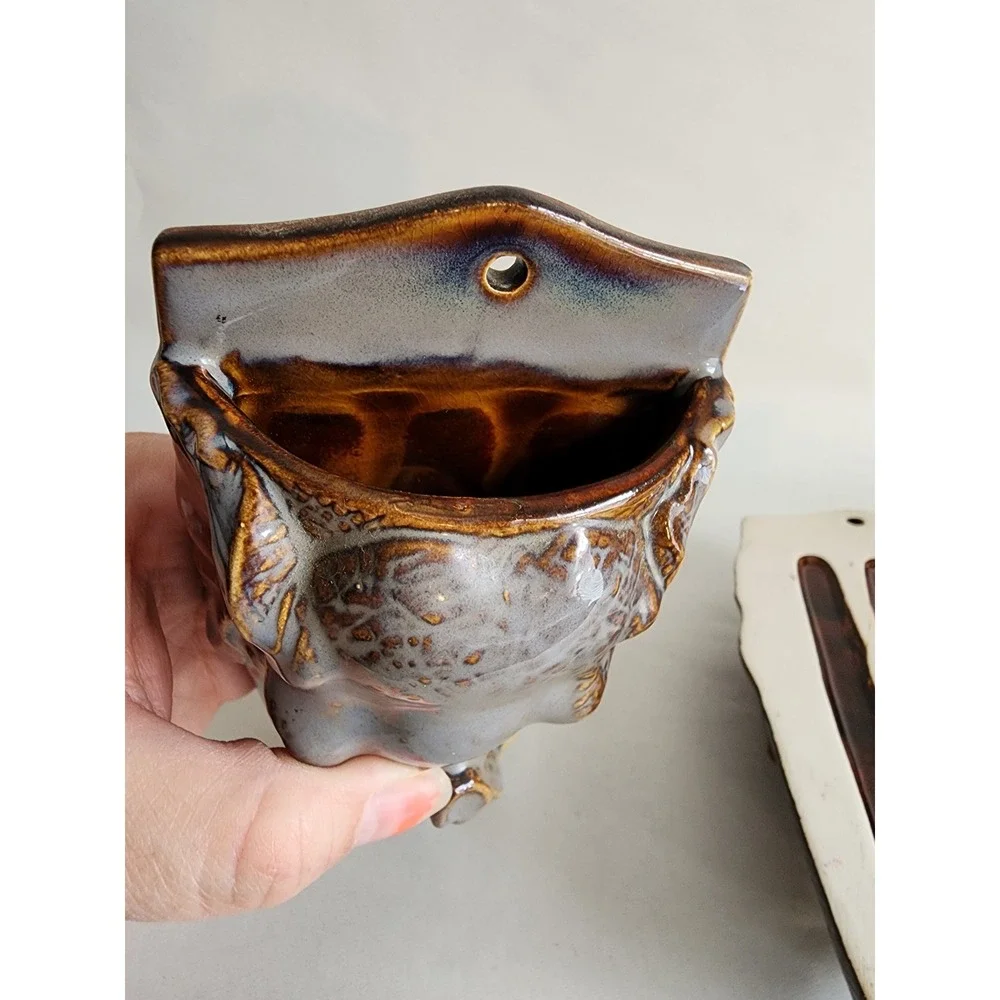 Vintage Ceramic Elephant Head Wall Pocket Planter Set Grey Brown Drip Glaze 6in